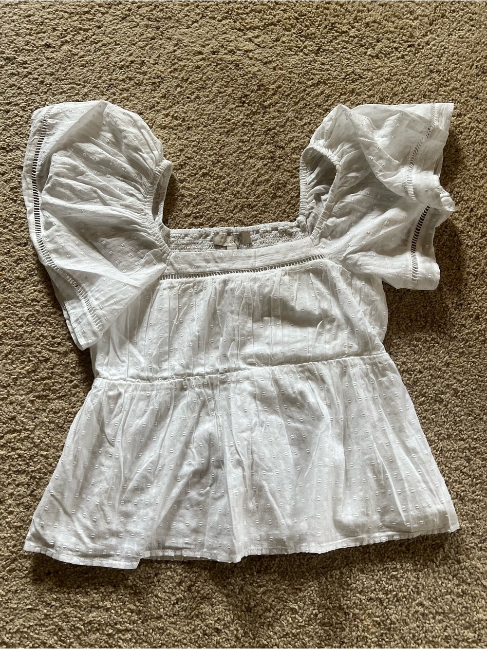 LOFT White Puff Sleeve Eyelet Peplum Top